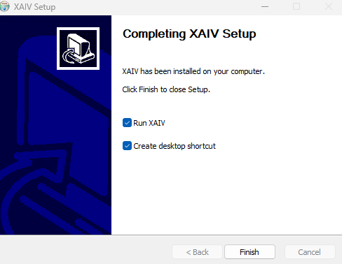 「Finish」（完了）を押すと XAIV が起動します